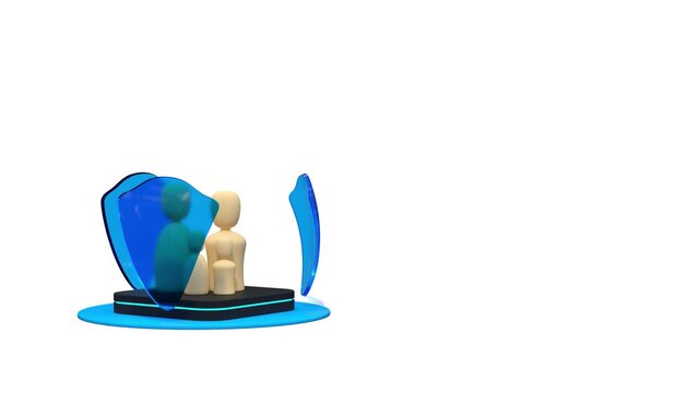 Family Protection Concept with Wooden Figures and Rotating Blue Shields on White Background