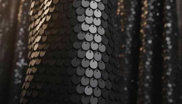 Matte black overlapping sequins texture on haute couture evening fabric