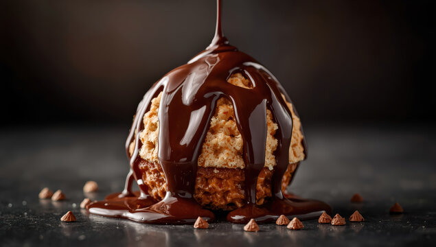Decadent scoop of ice cream with warm chocolate sauce drizzling over crunchy cookie crumble