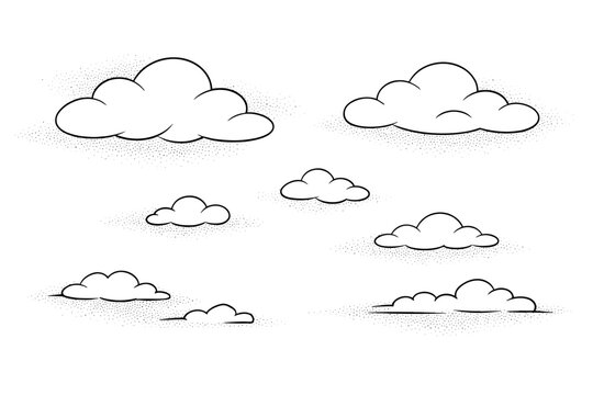 Hand-drawn Minimalist Clouds Sketch with Subtle Dotted Textures Creating a Serene Atmospheric Effect; Set of Vector Cloud Illustrations for Graphic Design, Weather Icons, and Sky Background Elements.