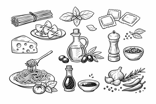 Italian Food Sketch Icon Set Featuring Pasta, Basil, Ravioli, Olive Oil, Seasoning, Cheese, Garlic, Chili, and Tomato. Hand-Drawn Outline Vector Illustration for Menu Design and Kitchen Decor.