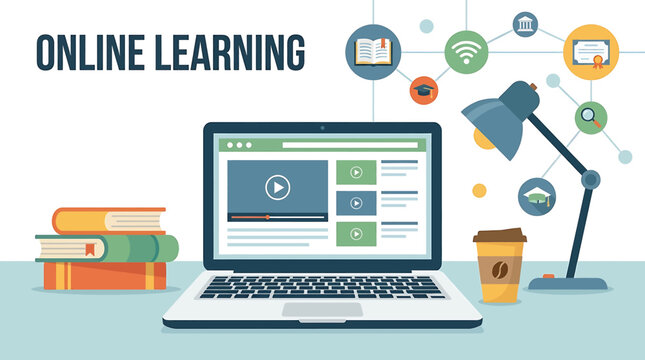 Online learning and distant education concept with laptop, books, coffee and digital icons representing connection and knowledge acquisition