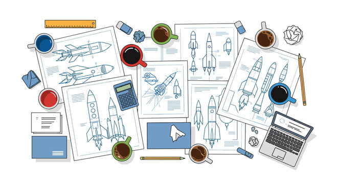 A cluttered workspace features scattered engineering blueprints of rockets alongside multiple coffee mugs, a laptop computer, and various drafting tools on a desk surface.