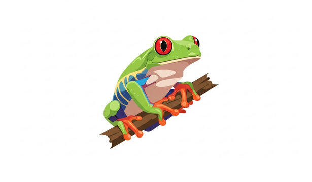 Red eyed tree frog on branch vector illustration with colorful tropical amphibian in minimal flat style isolated on white