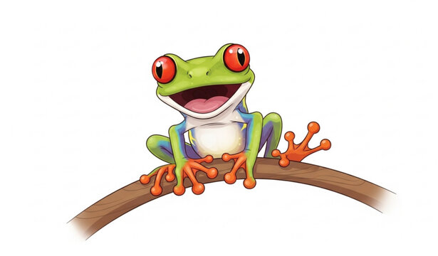 Playful red eyed tree frog cartoon character smiling on branch vector illustration for kids isolated on white