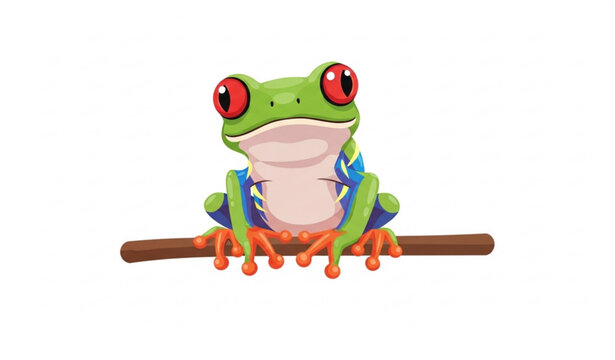 Cute red eyed tree frog sitting on branch smiling cartoon vector illustration isolated on white background