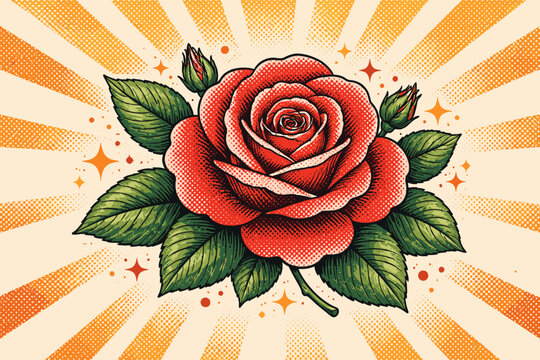 Vintage Retro Red Rose Vector Illustration with Halftone Dot Texture and Sunburst Background, Classic Pop Art Style Floral Design for Posters, T-shirts, Greeting Cards, and Botanical Art Decor