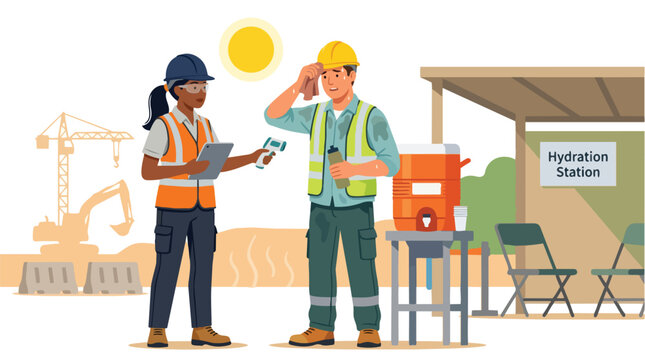 Construction workers taking a break at a hydration station during a hot sunny day with a crane and excavator in the background, safety and health concept