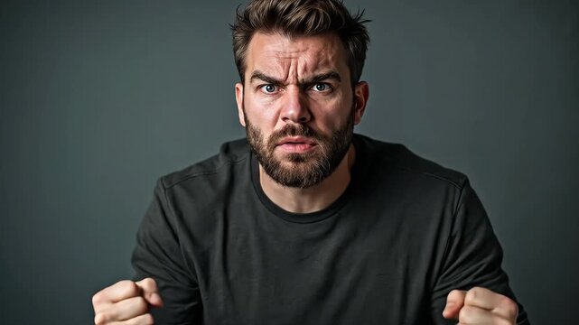 A man shouts in anger and frustration, clenching his fists.