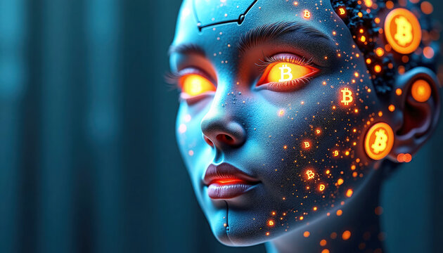 Caucasian female android portrait with glowing bitcoin eyes and orange illuminated particles on blurred teal background concept of crypto cyborg atmosphere