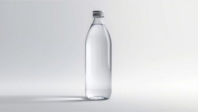 Clear glass water bottle with metal cap on plain white background, minimal calm composition
