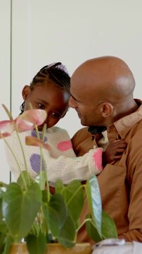 Vertical video: Sitting father cradling daughter, smiling and caring in kitchen with plant, sweater