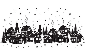 Obraz premium Winter village silhouette vector, cozy small town houses in snow, black and white christmas landscape with pine trees and falling snowflakes