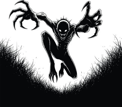 Black and white of a monstrous creature with sharp claws emerging from dark grass monster