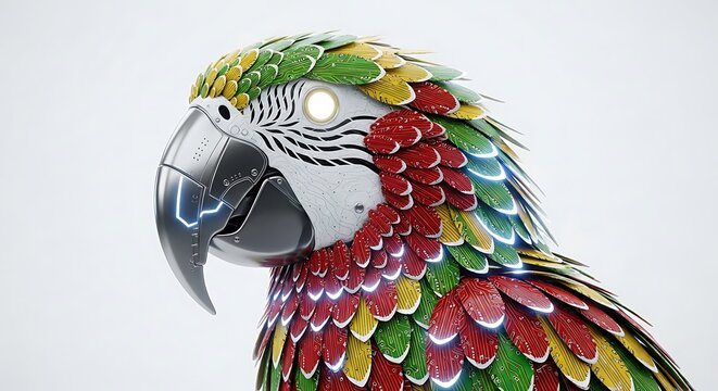 Vibrant colorful parrot head close-up profile.