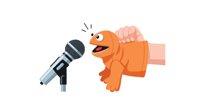 An orange fabric hand puppet with expressive eyes sits next to a professional silver microphone on a plain white studio background in a creative vector style.