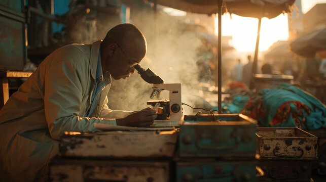 Scientist using microscope in outdoor market