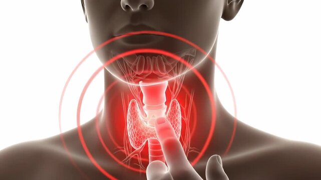 Human anatomy depicting thyroid disease, displaying painful symptoms in the throat and neck region, representing an endocrine system health disorder, requiring medical attention for hormone balance