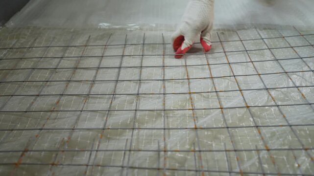 A construction worker in gloves lays a steel reinforcing grid, or rebar mesh, onto a prepared surface with a plastic liner. Close up shot of preparing formwork for pouring concrete
