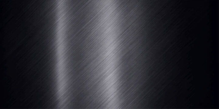 A polished stainless steel plate creates an industrial brushed metal texture with a smooth silver surface and shiny grey metallic reflections on a dark abstract aluminum sheet material