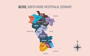 A map showing Kleve NW Kreise into Gemeinden in a minimalist colorful style © Weerayuth