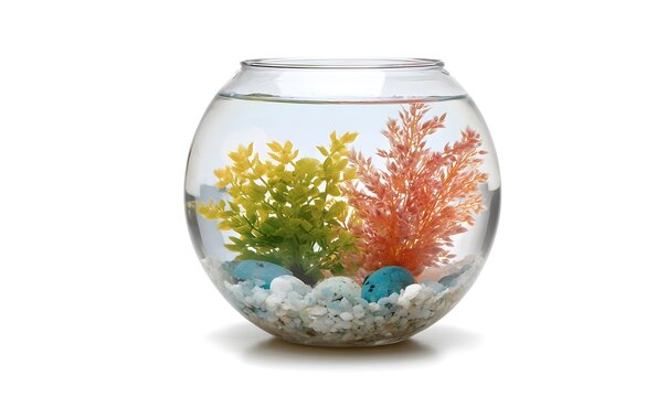 a small round shape aquarium, with real looking greens and cora