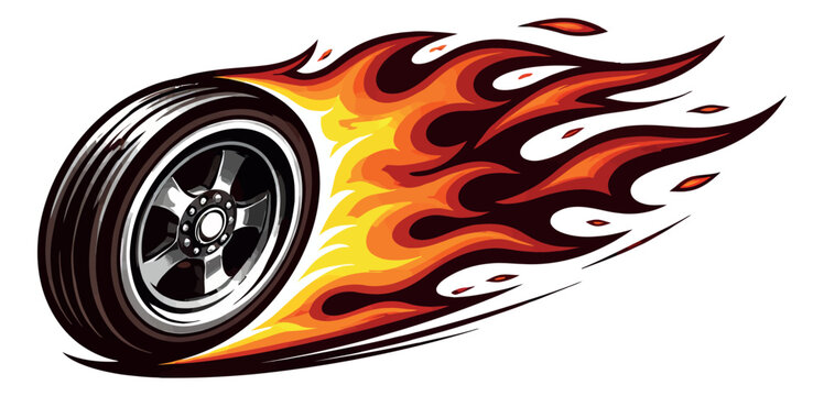 Dynamic graphic illustration of a flaming car wheel depicting speed and power for automotive designs