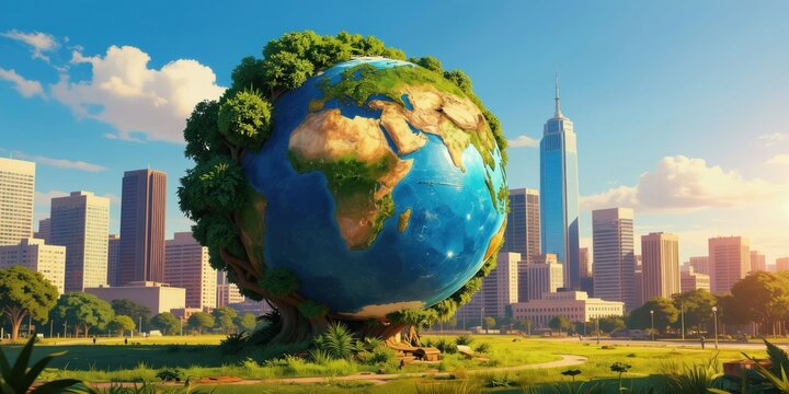 Earth is big tree in city park. Green planet has leaves and branches. Tall buildings stand in background. Nature and city live together. Hopeful future concept.