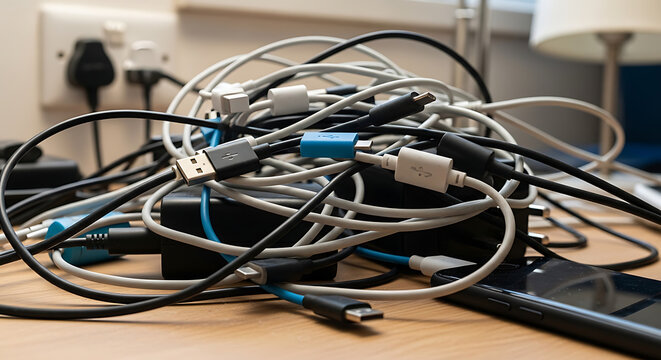 A chaotic tangle of various usb charging cables and power adapters on a wooden desk