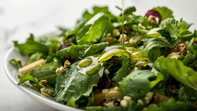 Fresh mixed green salad with olive oil drizzle, nuts and cranberries, bright textures