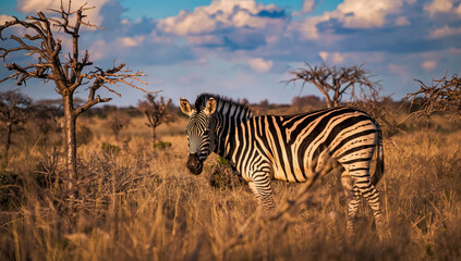 Naklejka premium Zebra standing in golden savanna grass with acacia trees under dramatic sky