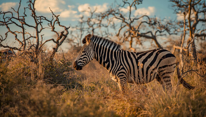 Naklejka premium Zebra standing in golden grassland with bare acacia trees and warm sunset light