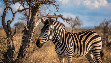 Naklejka premium Zebra standing beside dry acacia tree in golden savanna at warm evening light