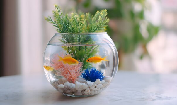 a small round shape aquarium, with real looking greens and cora