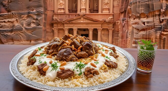 Traditional Jordanian Mansaf dish with rice and meat served in front of the ancient city of Petra