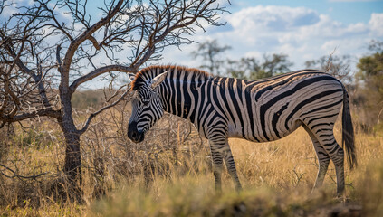 Naklejka premium Zebra standing in dry savanna with leafless tree and golden grass at sunset
