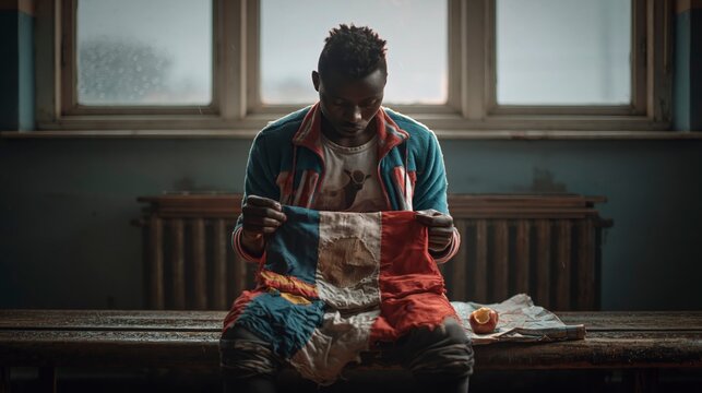 Man holding a tattered French flag