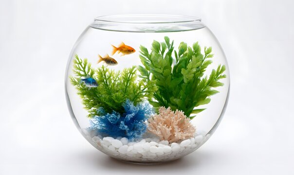 a small round shape aquarium, with real looking greens and cora