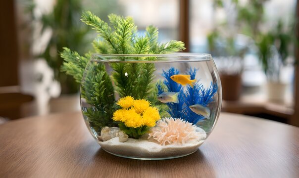 a small round shape aquarium, with real looking greens and cora