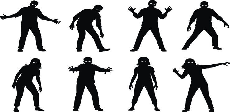 Black vector illustration of a diverse family and children in action, featuring silhouettes of people, men, and women engaged in sport, dance, and play