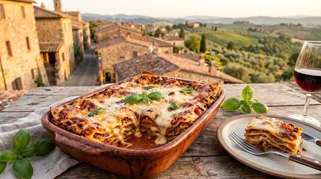 Lasagna in ceramic tray with fresh basil on wooden table overlooking tuscan village. Italian home cooking dinner with red wine. Traditional meal concept for culinary tourism and travel.