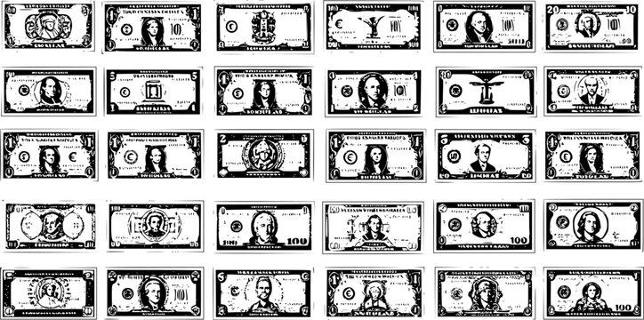Grid of black and white stylized currency notes featuring diverse portraits and symbols, vintage hand-drawn illustration