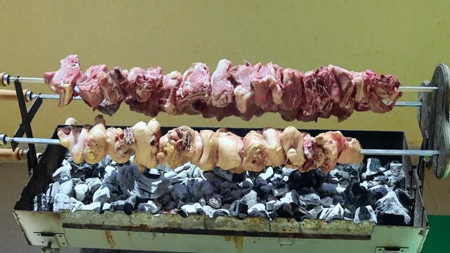 Close-up of meat grilling over rotating hot coals in a traditional spit roast style. Continuous slow cooking over fire with smoke, heat, and rich textures forming. Ideal for culinary documentaries.