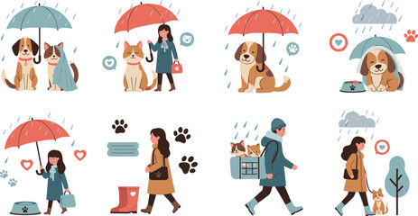 Fototapeta premium Pet Care and Walking Vector Set with Dogs, Cats, Umbrellas, and Owners in the Rain for Pet Walking, Care, and Seasonal Weather Illustrations