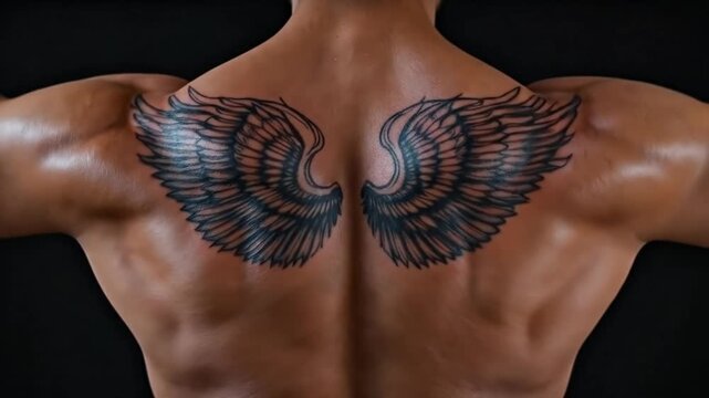 Close-up of a man's back with large black wing tattoos