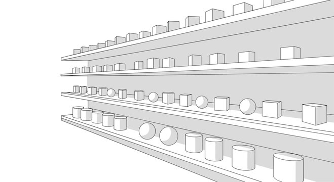 Various 3D geometric shapes like spheres and cubes are arranged in organized rows on tiered industrial shelves shown from an isometric perspective.