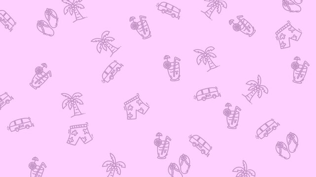 Seamless pink pattern featuring summer vacation icons. Perfect for backgrounds, wallpaper, textiles, stationery, and social media designs.