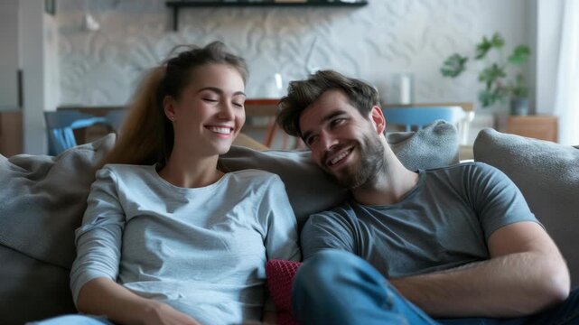 Smiling young man and woman sitting together laughing at something funny while wearing gray clothes in cozy home setting with stone wall and potted plant.