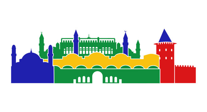 Colorful illustration of famous buildings.