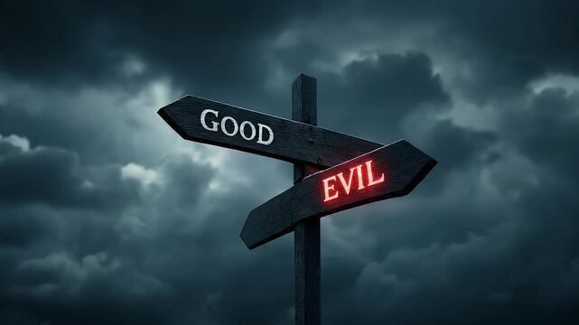 A signpost with 'GOOD' and 'EVIL' arrows under a stormy sky.